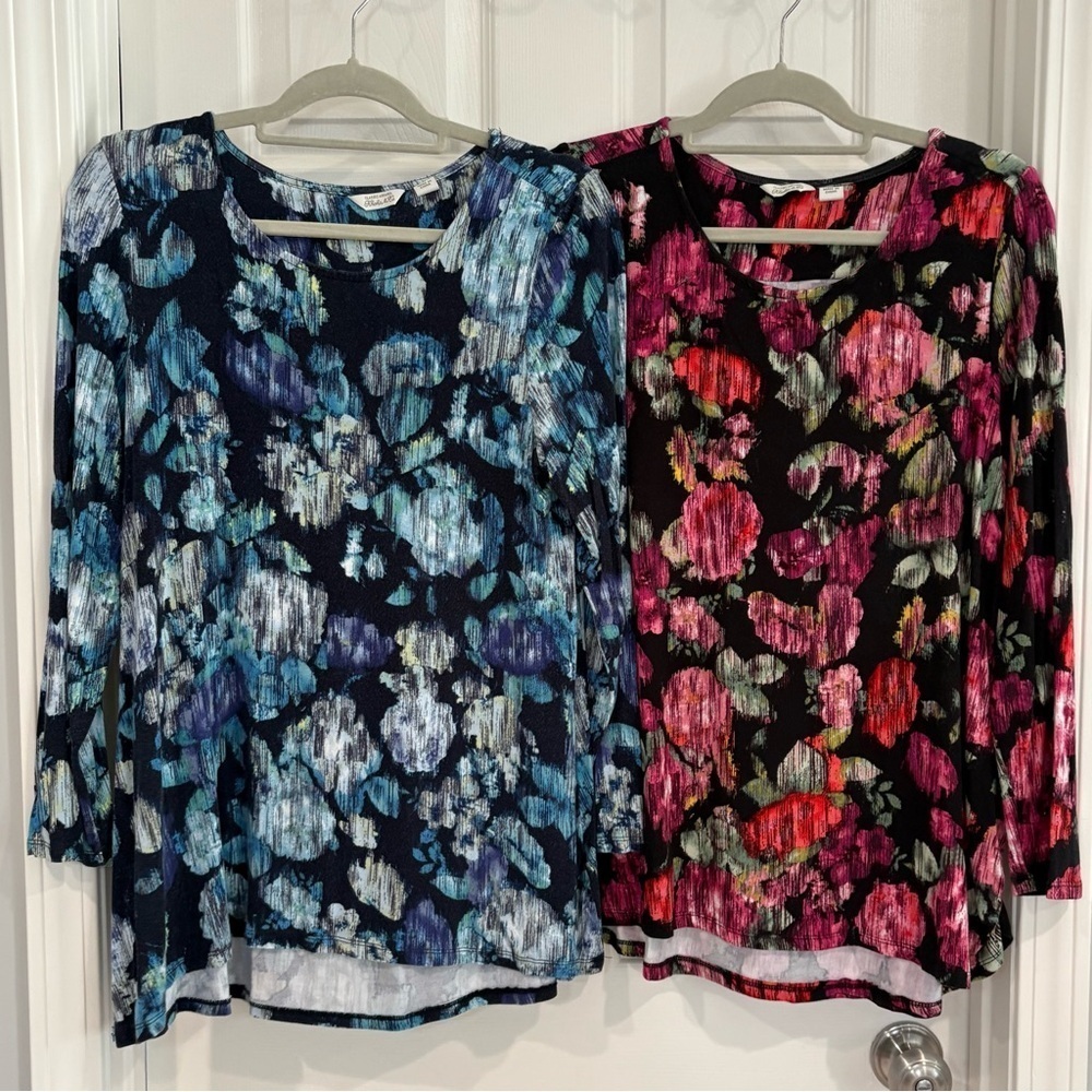 Khakis & Co. Floral Long Sleeve Colorful Round Neck Blouse Set Sz M Pink Blue
